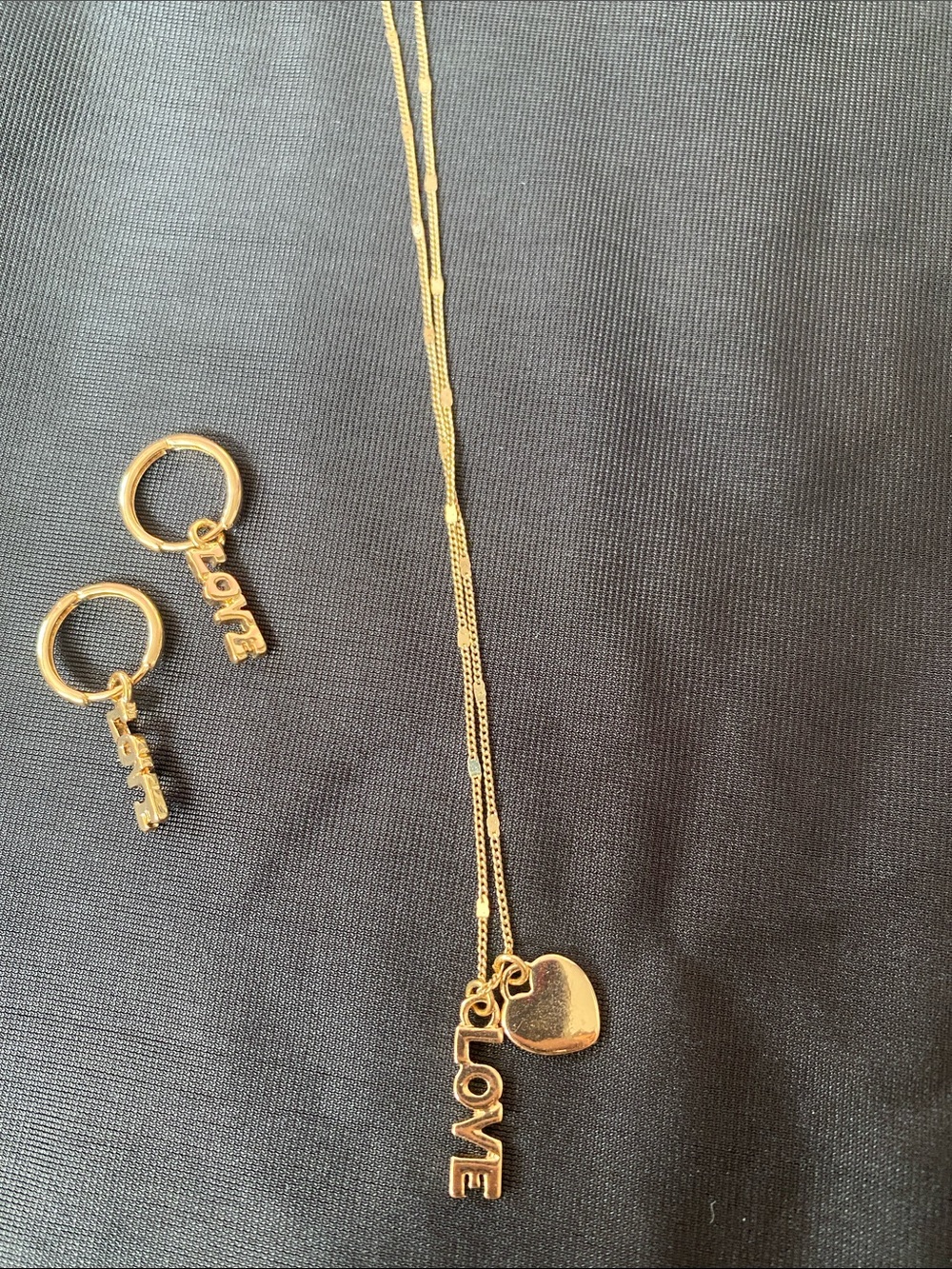 Gold 'LOVE' Pendant Necklace and Hoop Earrings Set